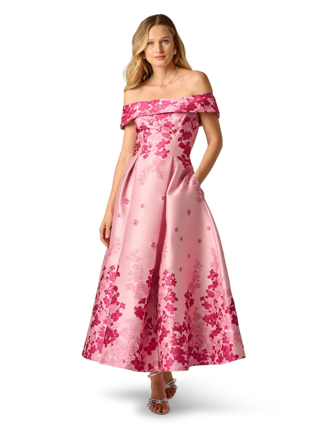 Adrianna Papell Pink Floral Off Shoulder Formal Jacquard Fitted Bodice, 4